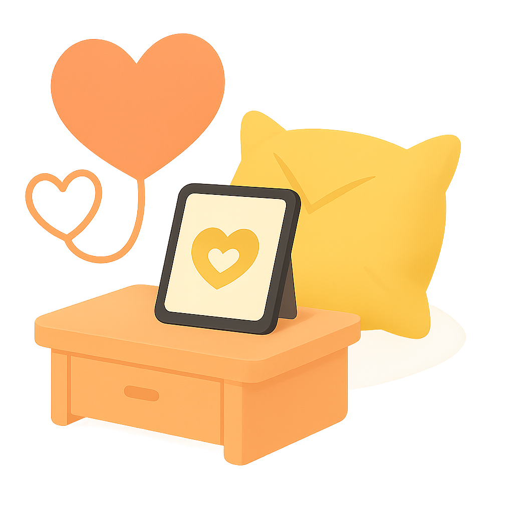 Pillow Talk relationship app illustration with tablet, Pillow Talk balloon, and pillow